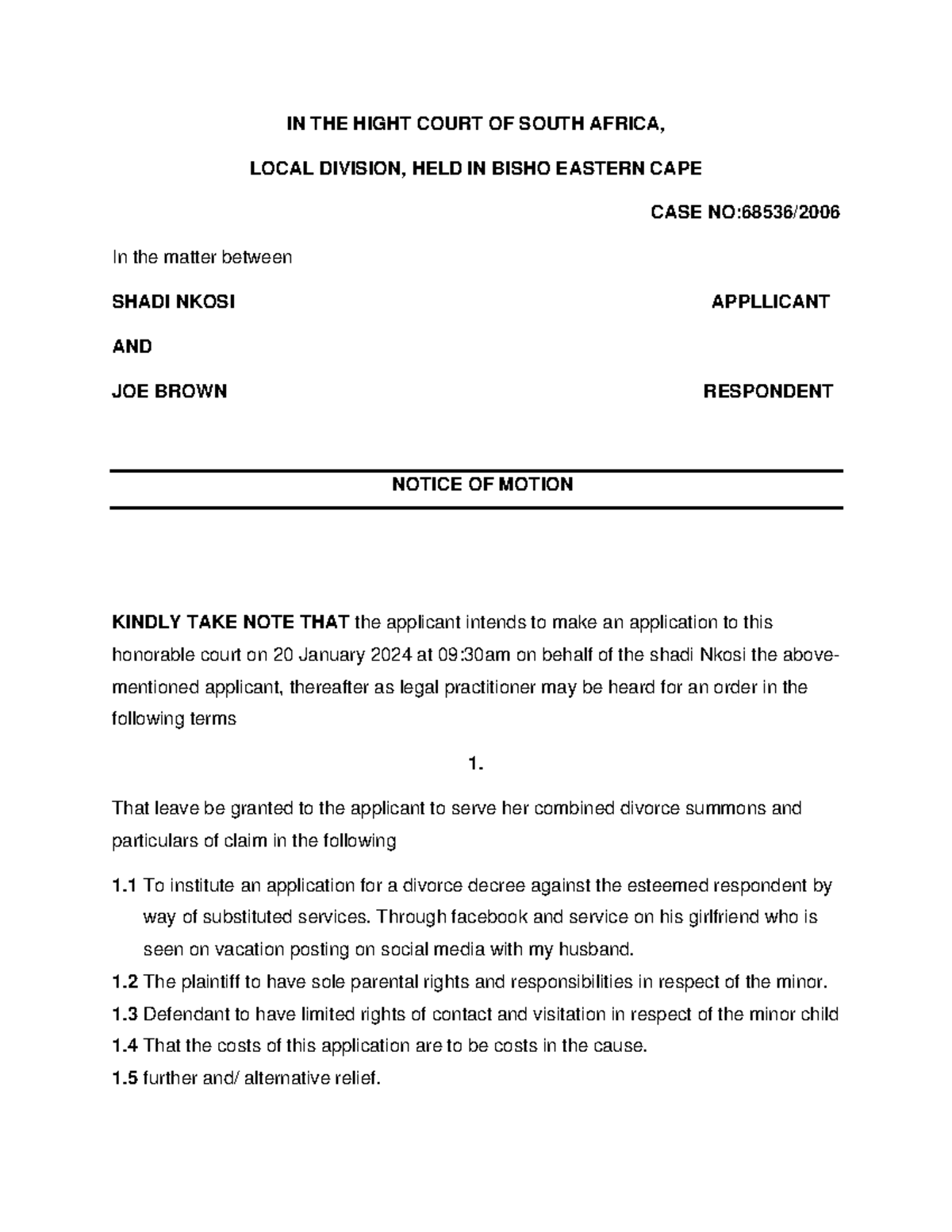 Notice of Motion: Substituted Services via Social Media in Divorce Case ...