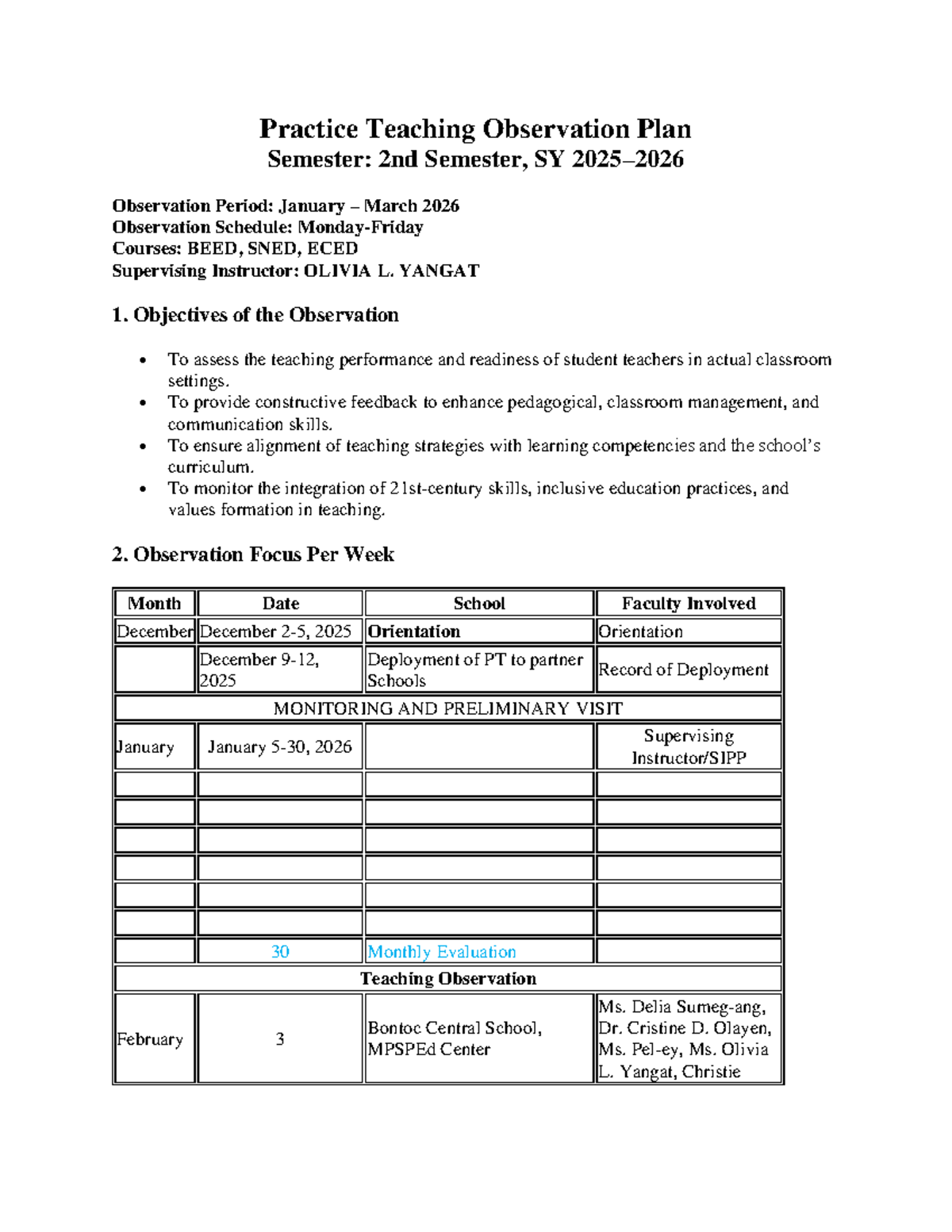 Observation Plan for Practice Teaching: BEED, SNED, ECED 2nd Sem 2026 ...