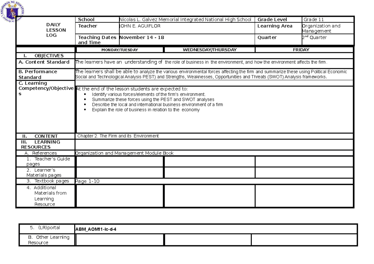 DLL-WEEK-2 - DAILY LESSON LOG - Org & Mgt - Q2 - Grade 11 - Studocu