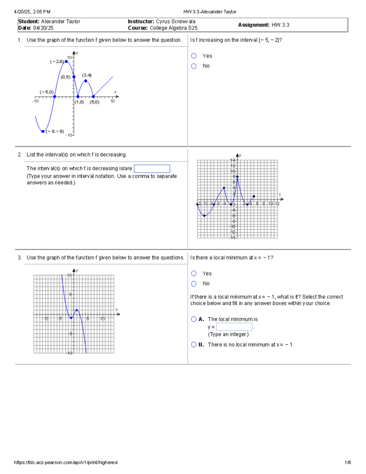 College Algebra S25 Final Exam: HW 3.3 - Function Analysis & Graphs ...