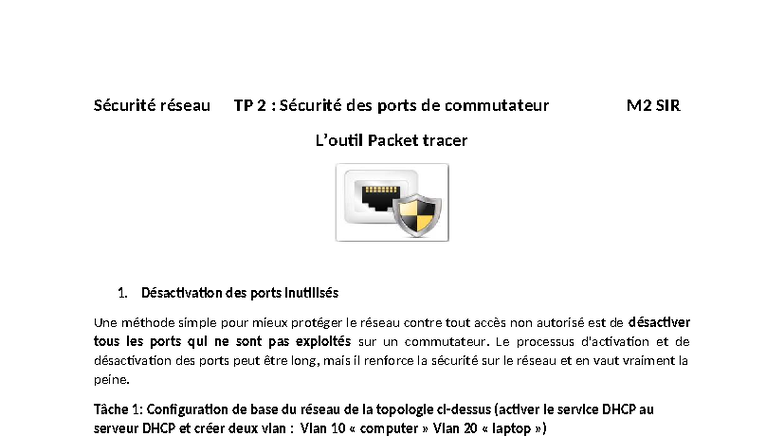 TP 2 M2 SIR : Sécurisation des Ports de Commutateur avec Packet Tracer ...