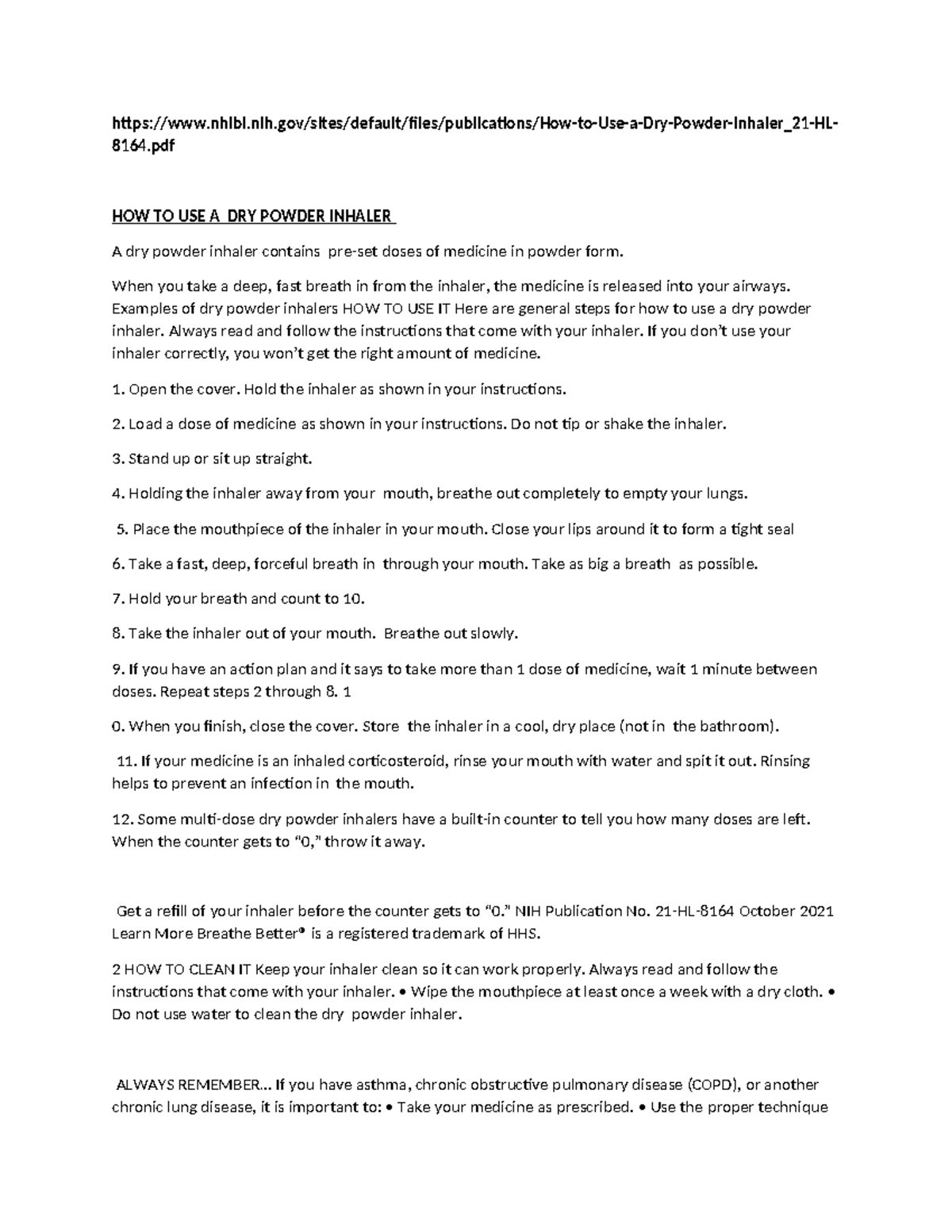 How to Use a Dry Powder Inhaler: Instructions & Tips (NIH 21-HL-8164 ...