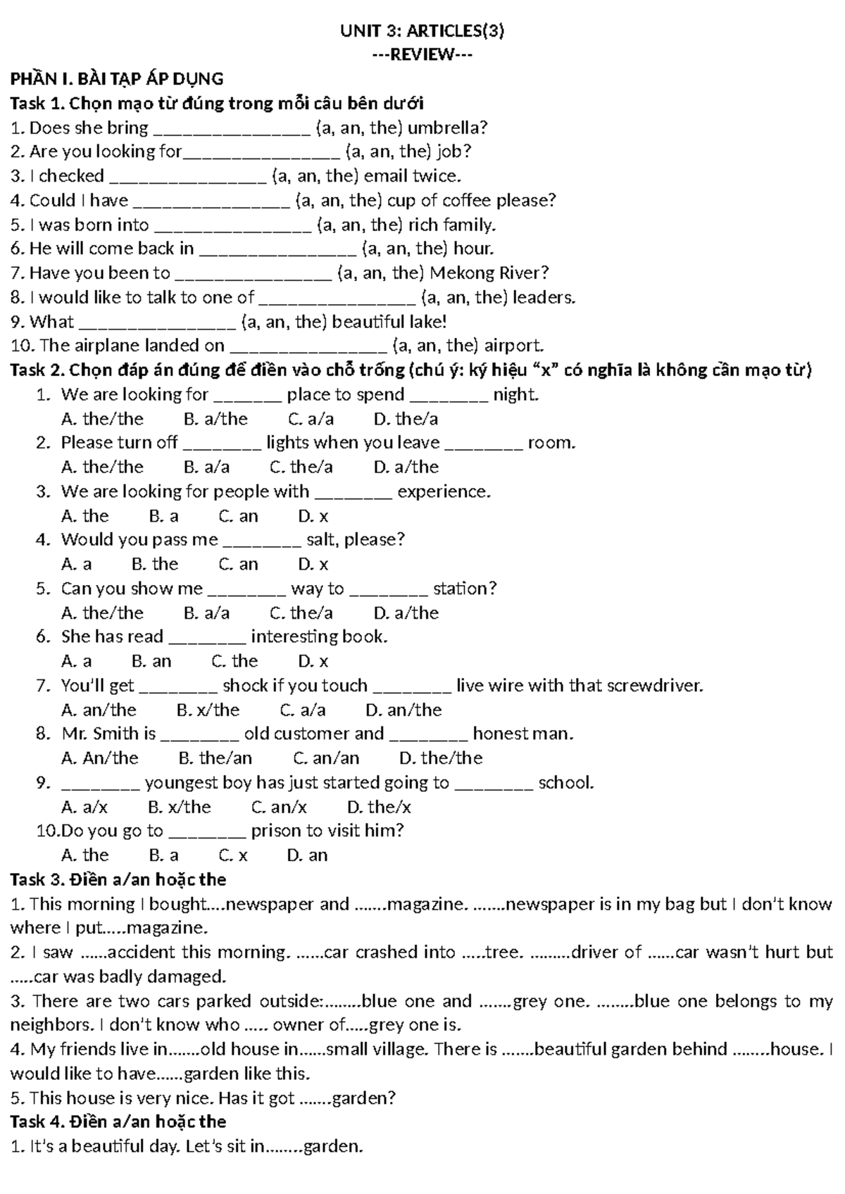 UNIT 3: ARTICLES - Exercises and Practice Tasks - Studocu