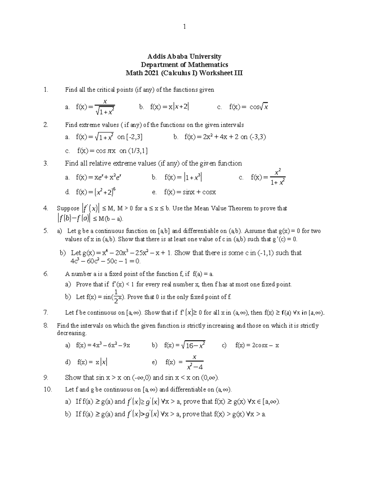 Math 2021 workshhet III, 2024 - 1 Addis Ababa University Department of ...