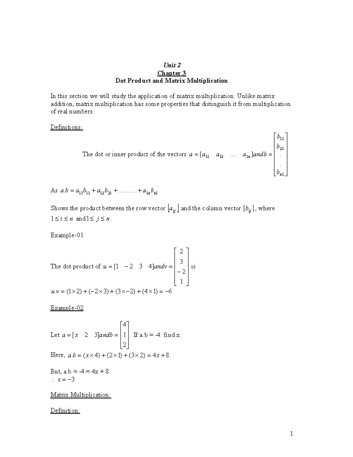 Unit 2: Chapter 3 - Exploring Dot Products & Matrix Multiplication ...