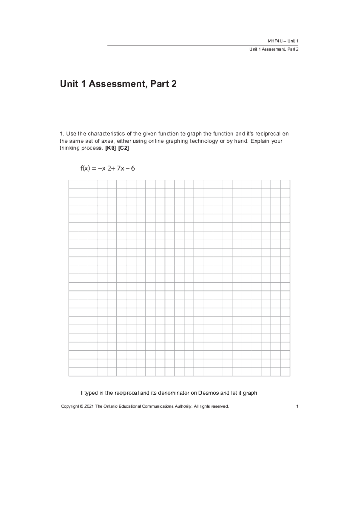 Unit 1 assesment part 2 - Assigment for math grade 12 - Copyright ...