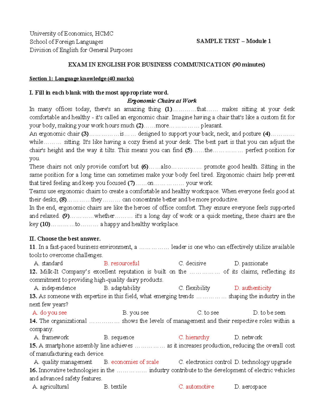 SAMPLE TEST: Module 1 Exam in English for Business Communication - Studocu