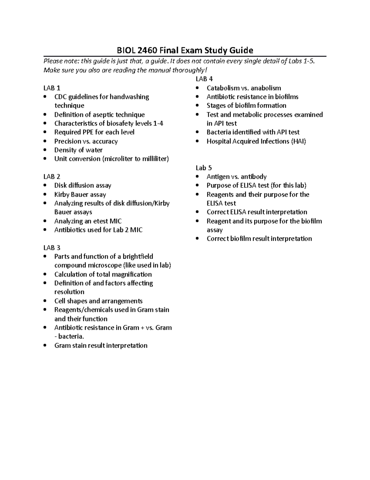 BIOL 2460 Lab Final Exam Study Guide - Key Concepts & Highlights - Studocu