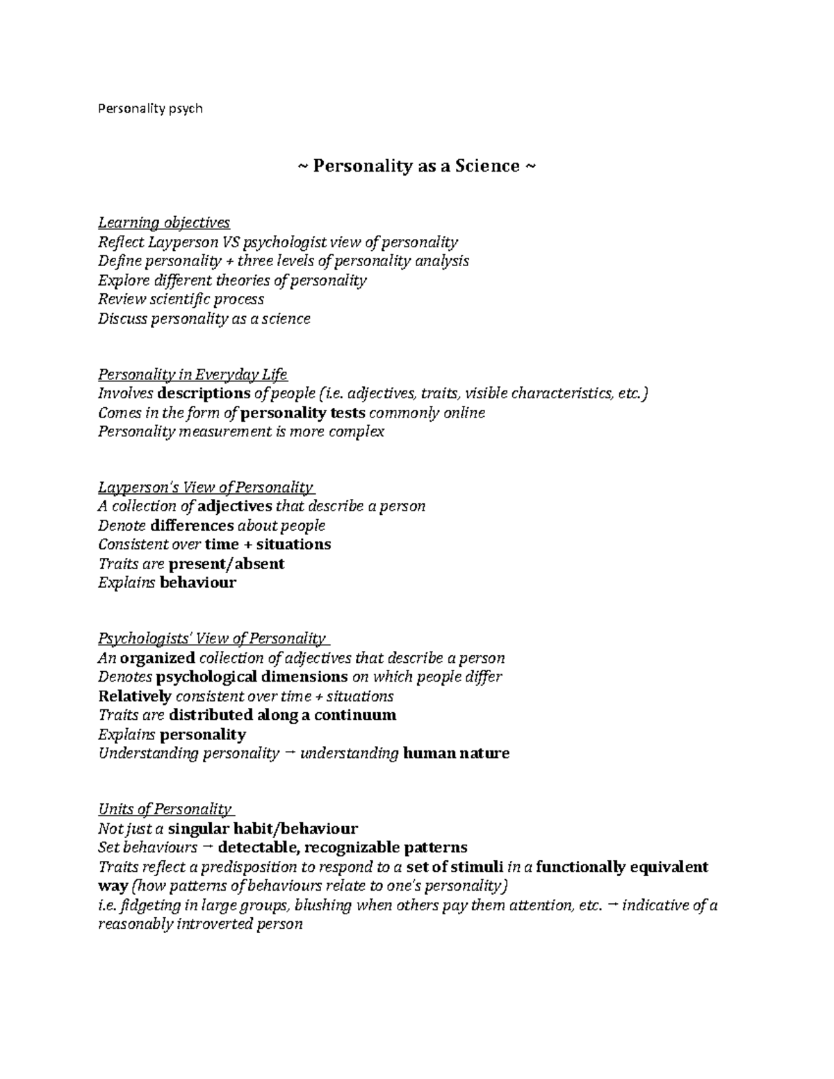 Personality Psychology PSY101 Midterm 1 Study Notes - Studocu