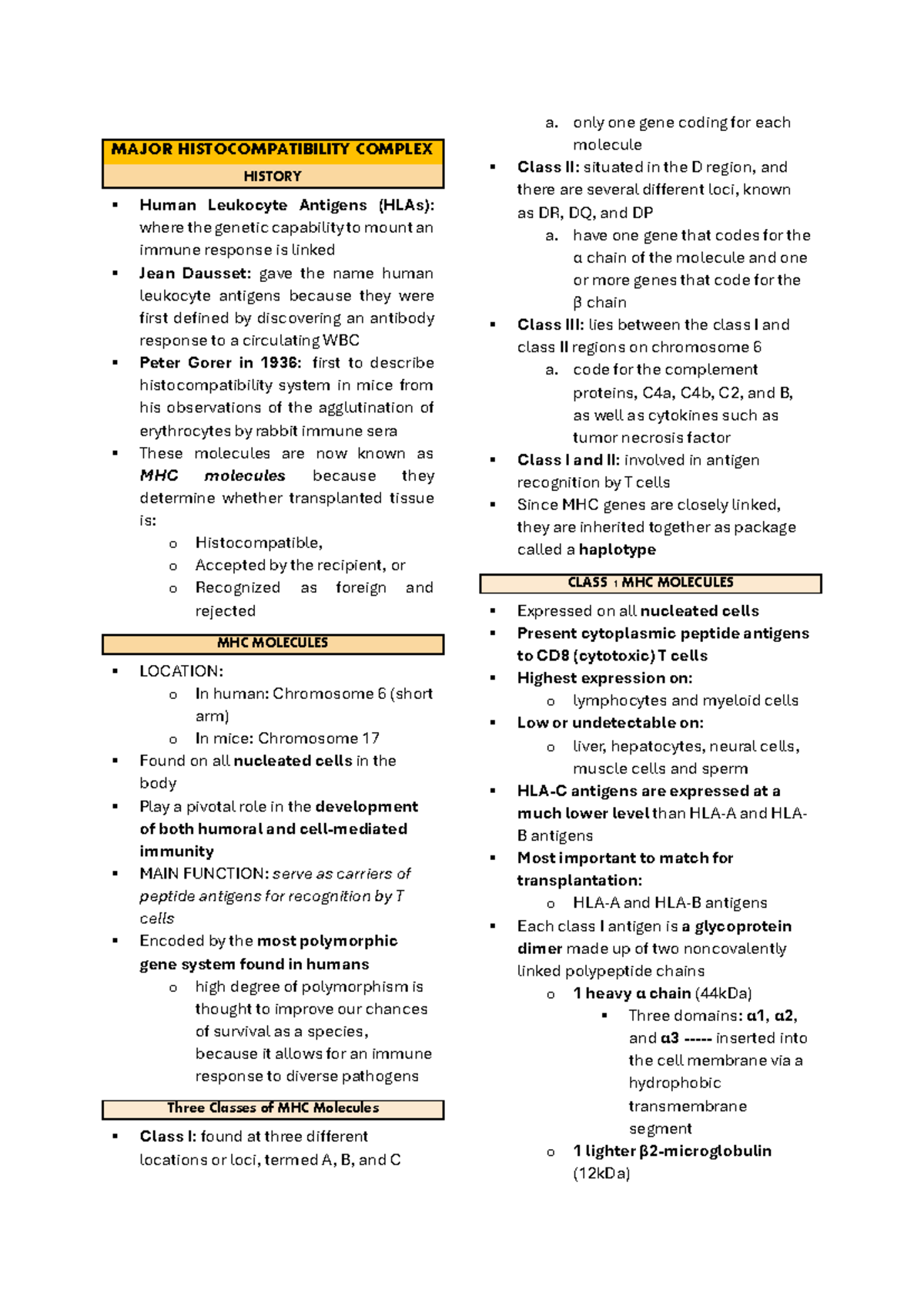 Midterm Study Notes: Major Histocompatibility Complex (MHC) - Studocu