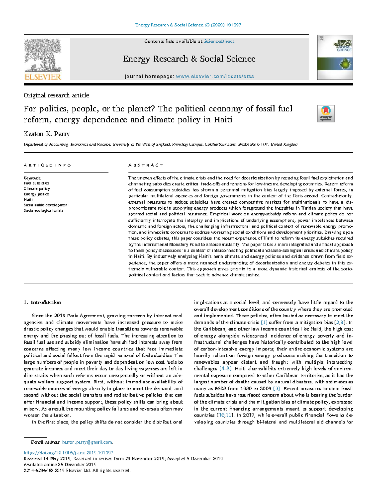 Political Economy of Fossil Fuel Reform and Climate Policy in Haiti ...