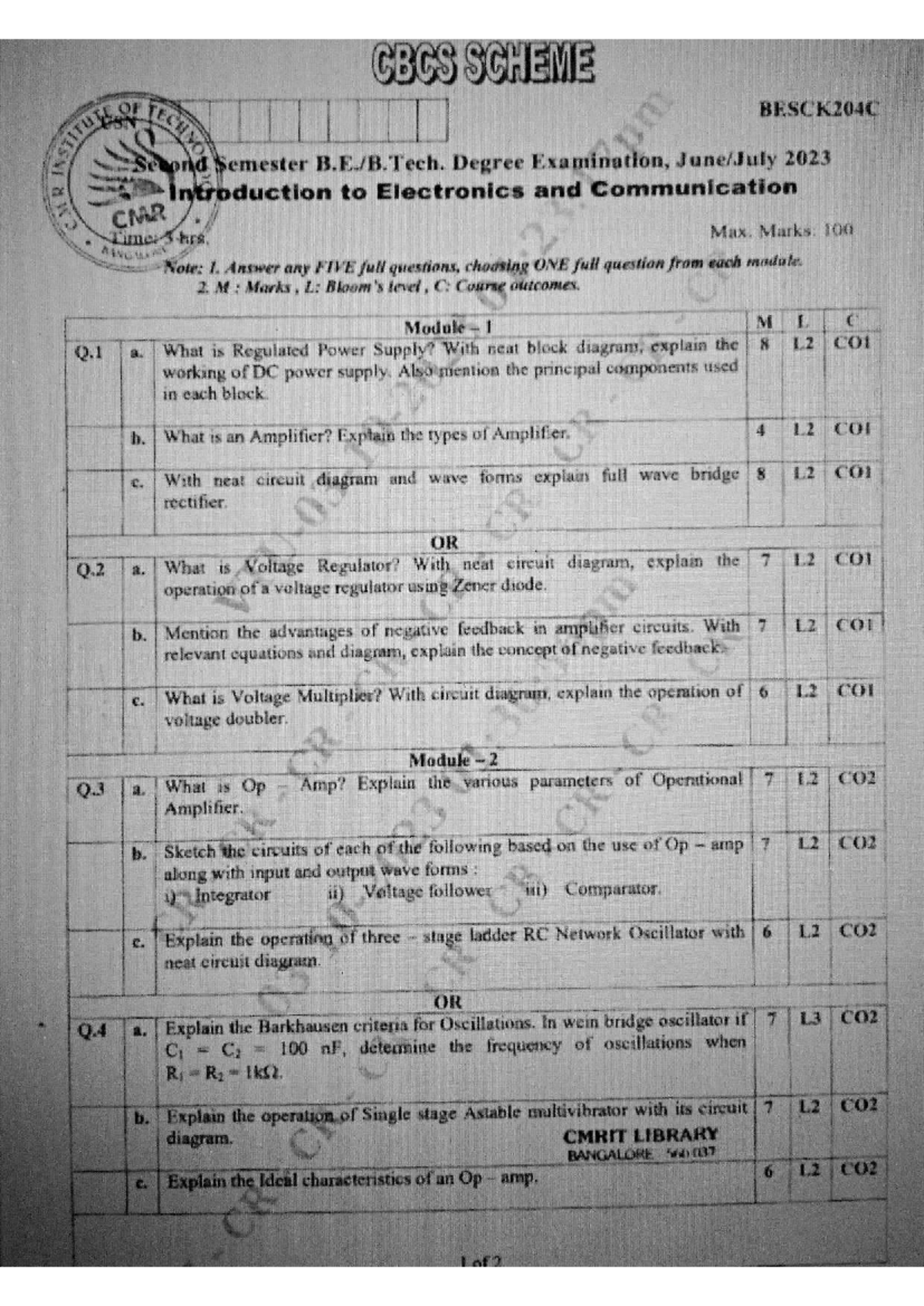 ELN PYQS - BESCK204C Introduction to Electronics and Communication Exam ...