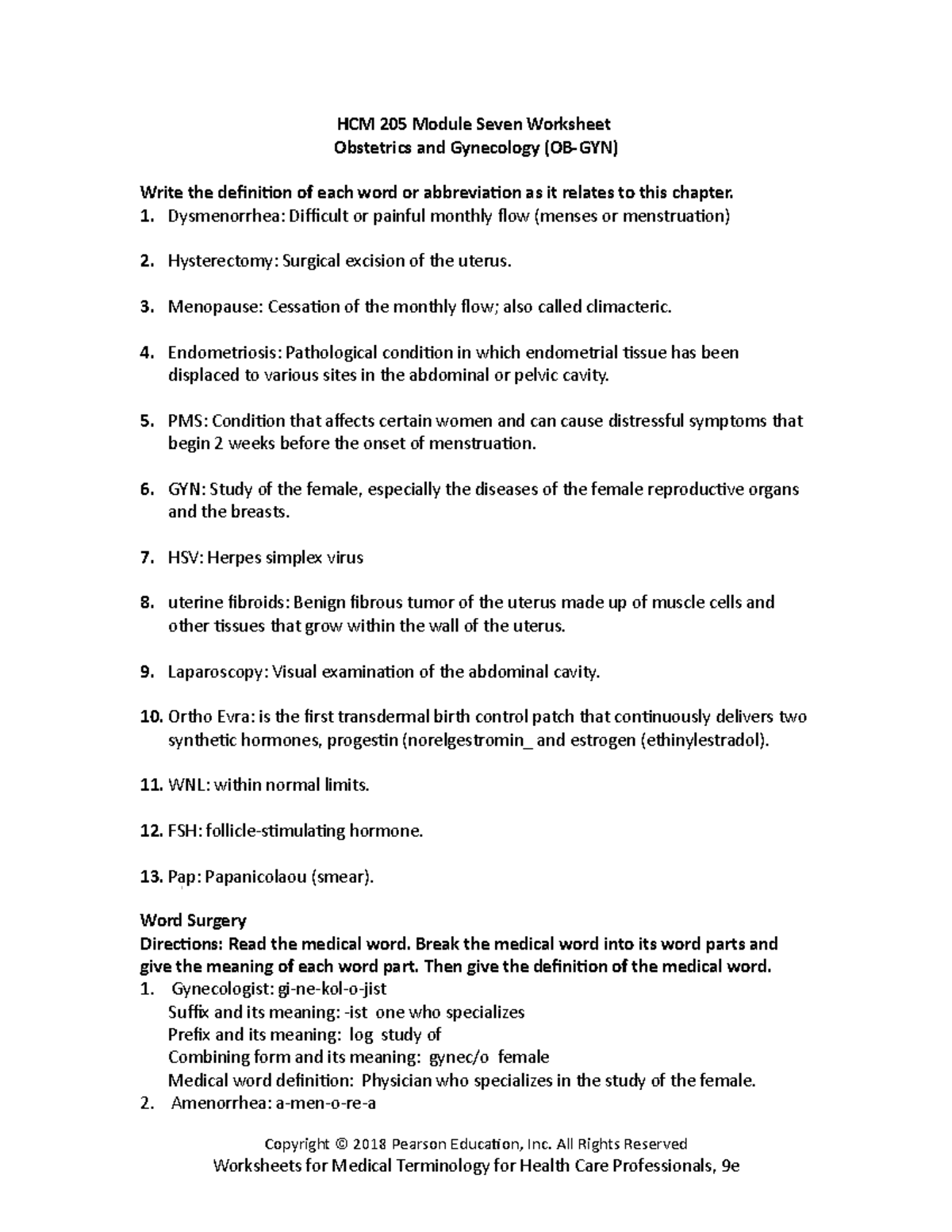 HCM 205 Module 7 OB-GYN Terminology Worksheet and Definitions - Studocu