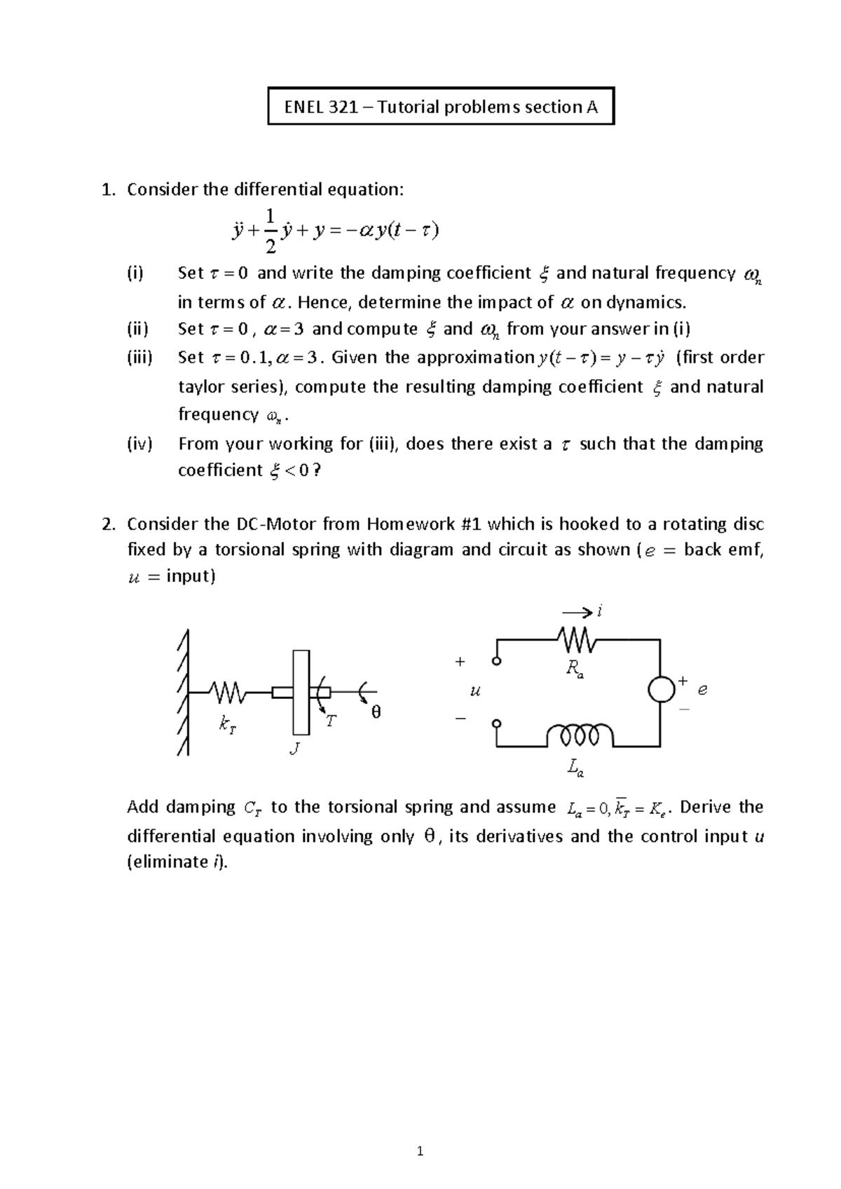 ENEL 321 Tutorial 1: Differential Equations & Dynamics Solutions - Studocu