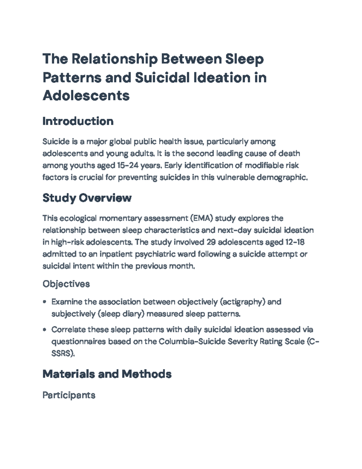 Sleep Patterns and Suicidal Ideation in Adolescents: An EMA Study - The ...