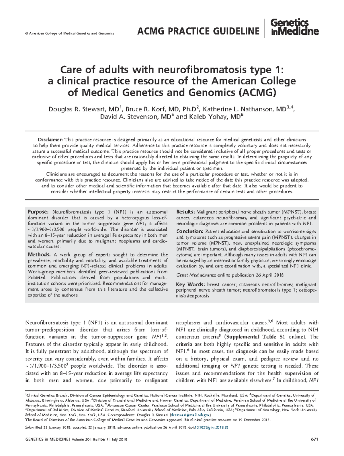 ACMG PRACTICE GUIDELINE: Adult Care for Neurofibromatosis Type 1 (NF1 ...
