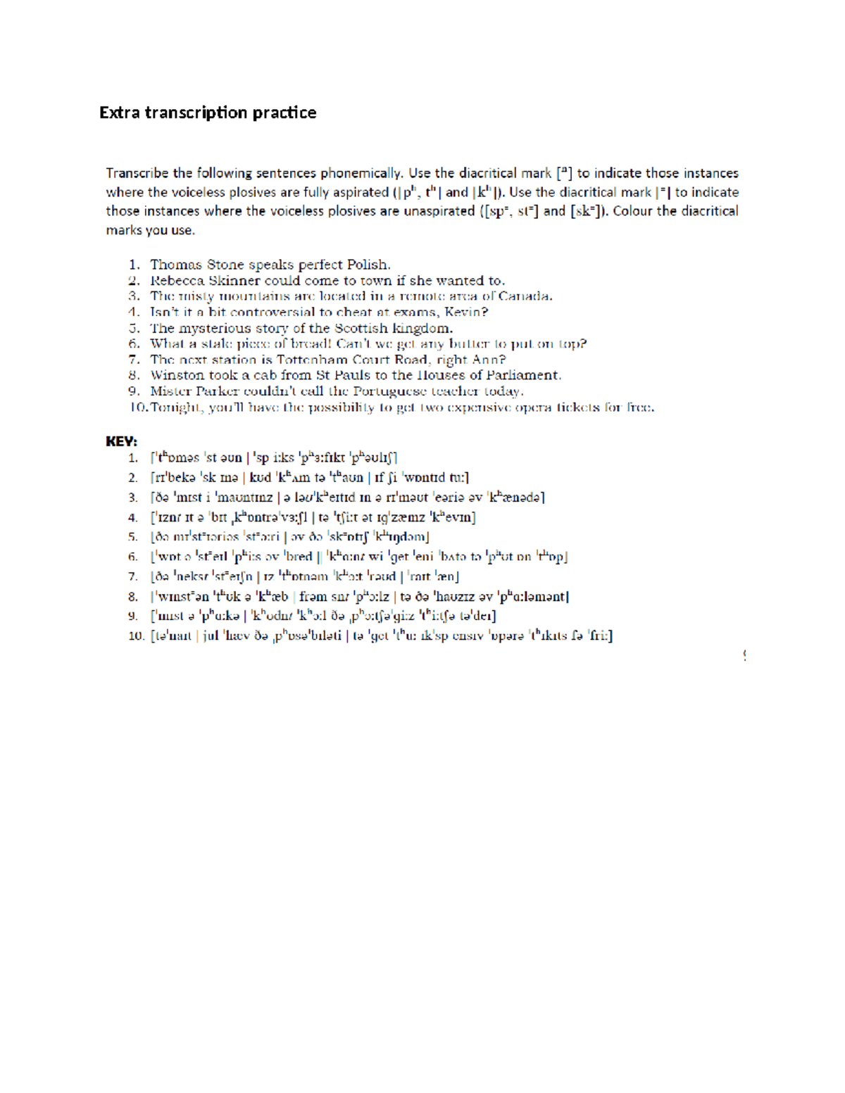 Extra Transcription Practice for Test: Phonemic Transcription Guide ...