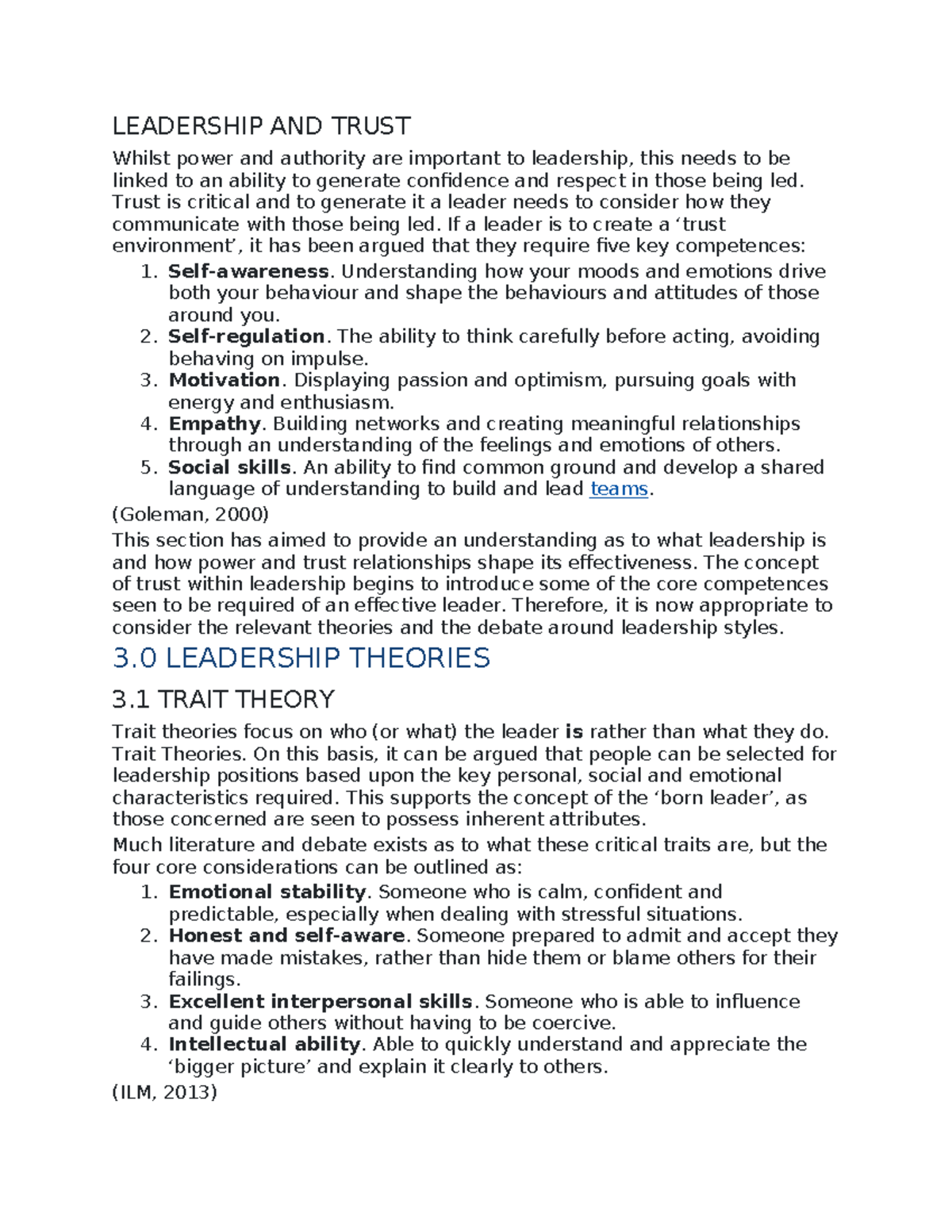 Leadership and Trust: Key Competences and Theories in Leadership - Studocu