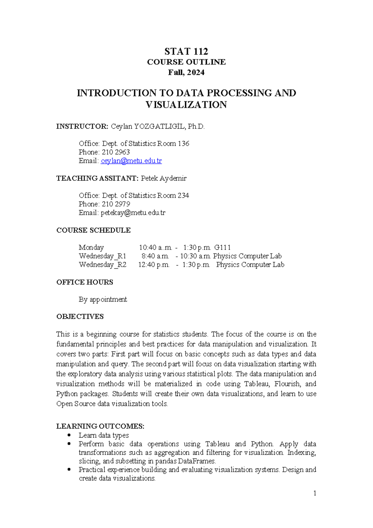 practical123456 - STAT 112 COURSE OUTLINE Fall, 2024 INTRODUCTION TO ...