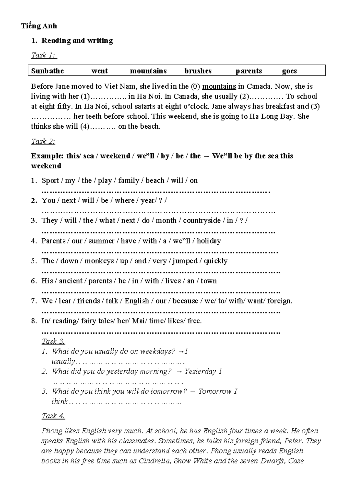 Tiếng Anh 1: Reading & Writing Tasks for Lớp 5 HK 1 - Studocu