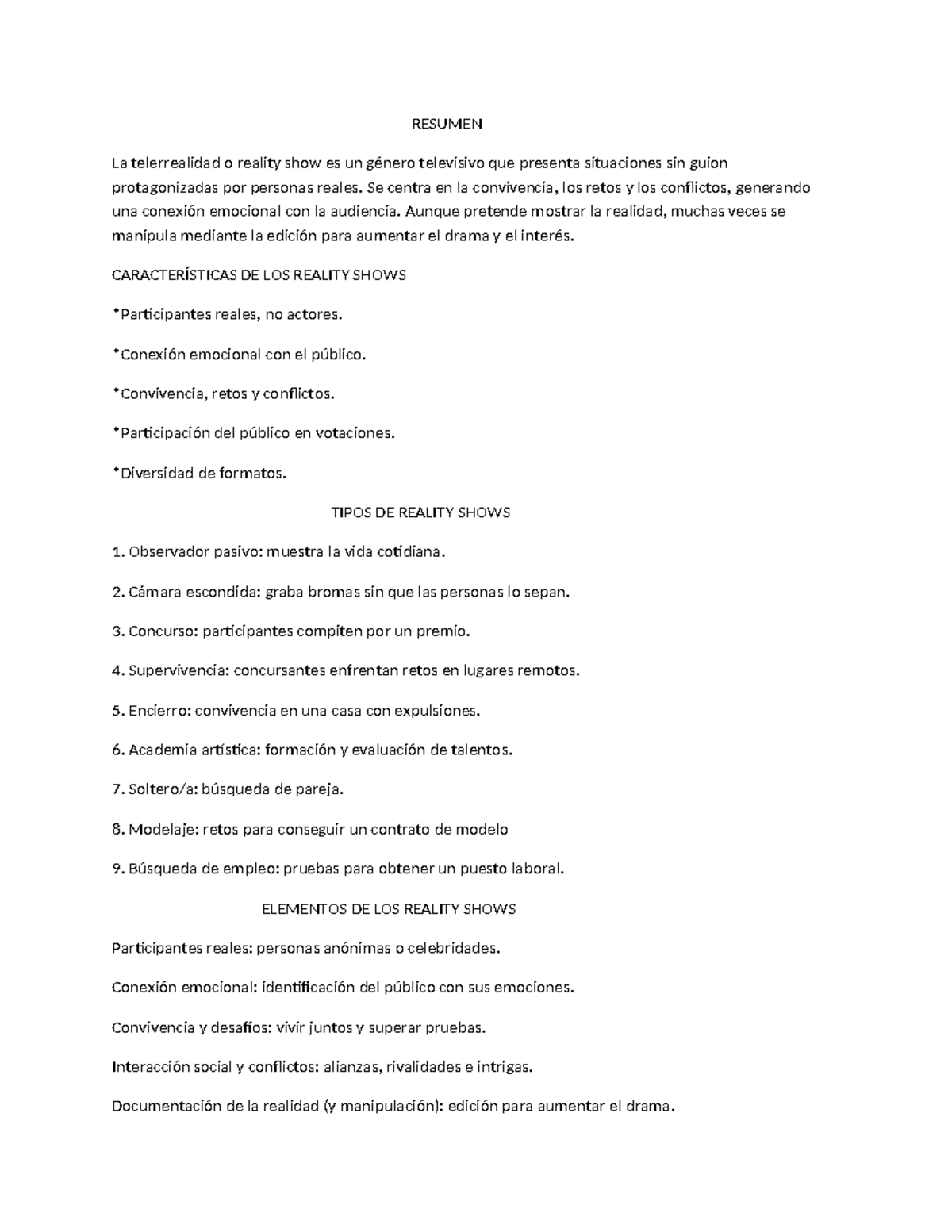 Resumen sobre Reality Shows: Características y Tipos - Studocu