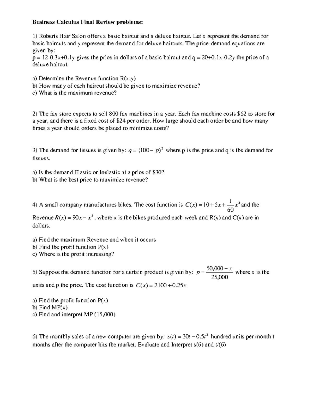 Business Calculus Final Review problems - Business Calculus Final ...