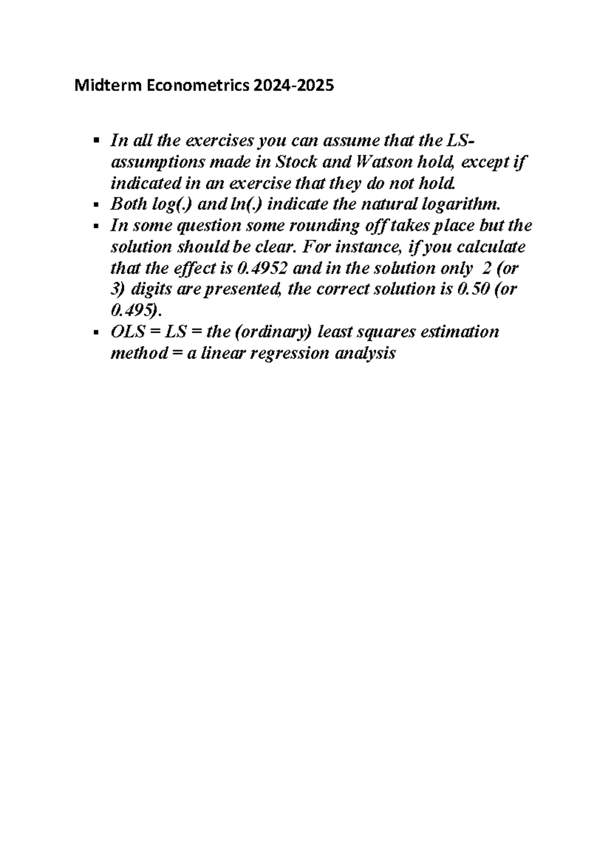 Midterm Exam Notes for Econometrics (2024-2025) - Studeersnel