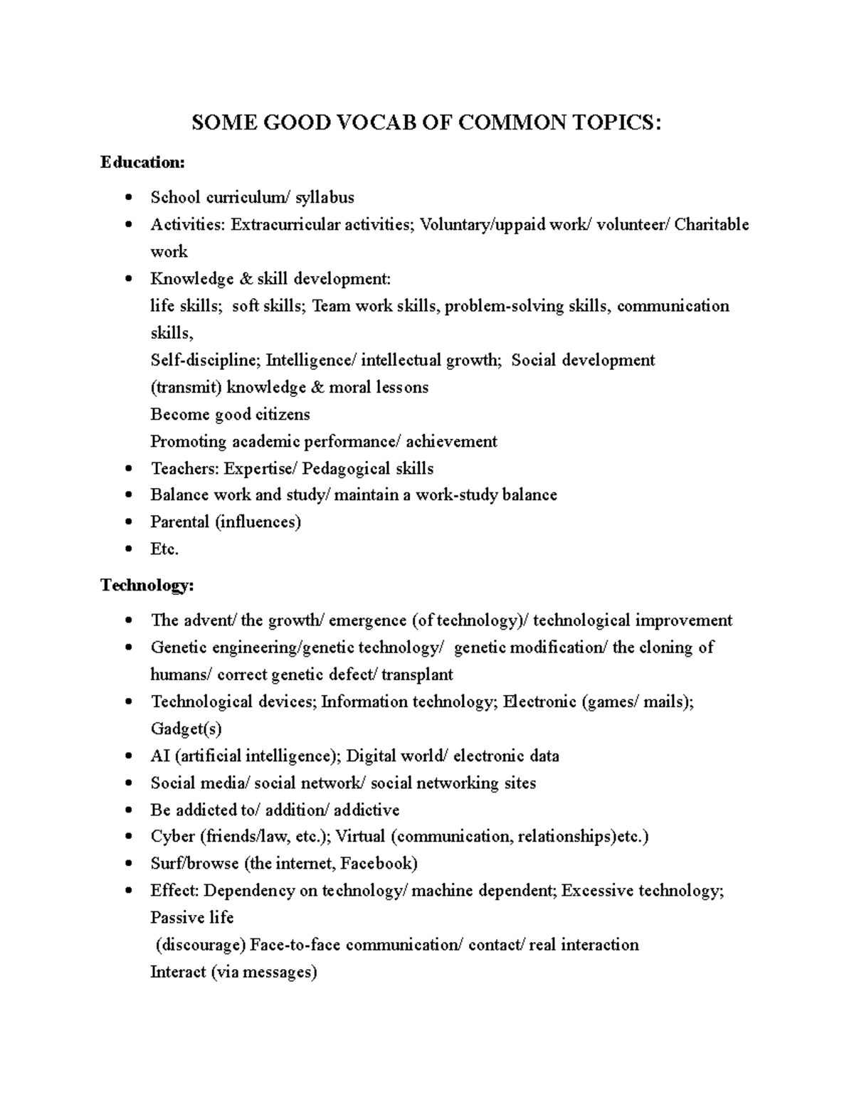 Good Vocab of some common topics - SOME GOOD VOCAB OF COMMON TOPICS ...