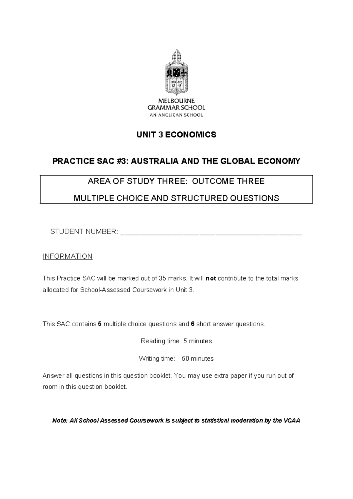 Unit 3 Economics Practice SAC: Australia & Global Economy MCQ & Short ...