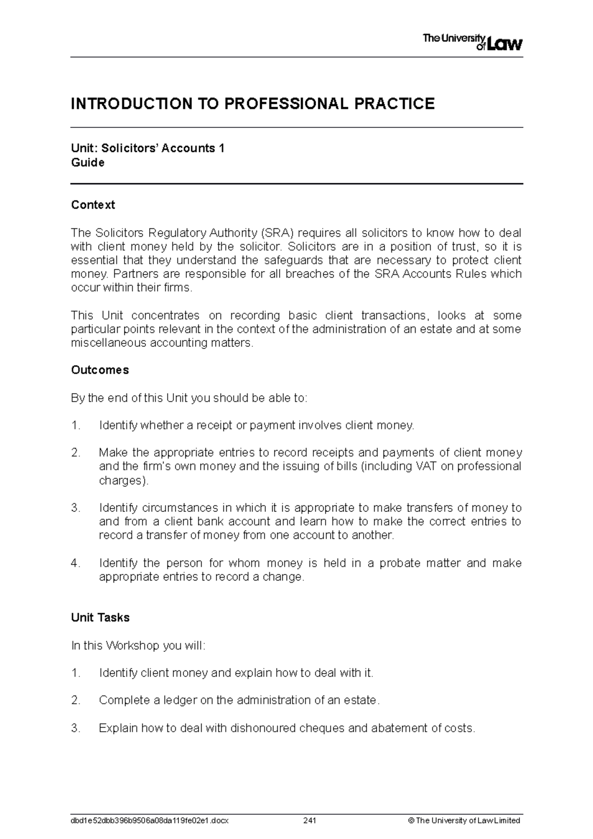 Solicitors' Accounts Workshop Guide WS1: Key Concepts and Tasks - Studocu