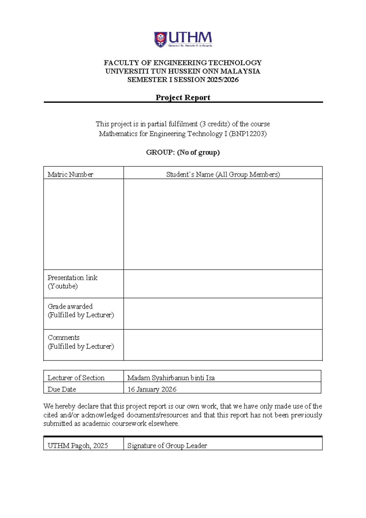 Project Report for BNP12203: Mathematics for Engineering Tech I - Studocu