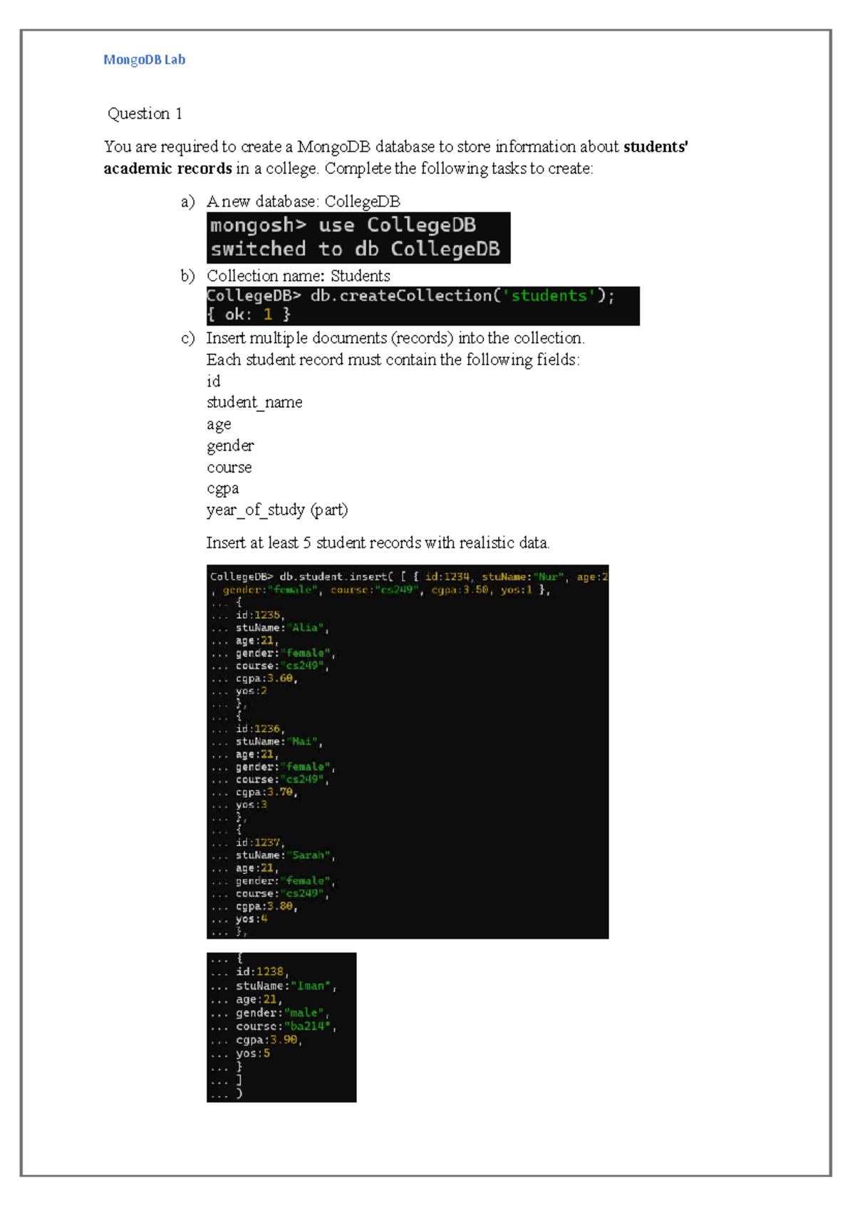 MongoDB Lab Tutorial: Academic Records and Data Management - Studocu