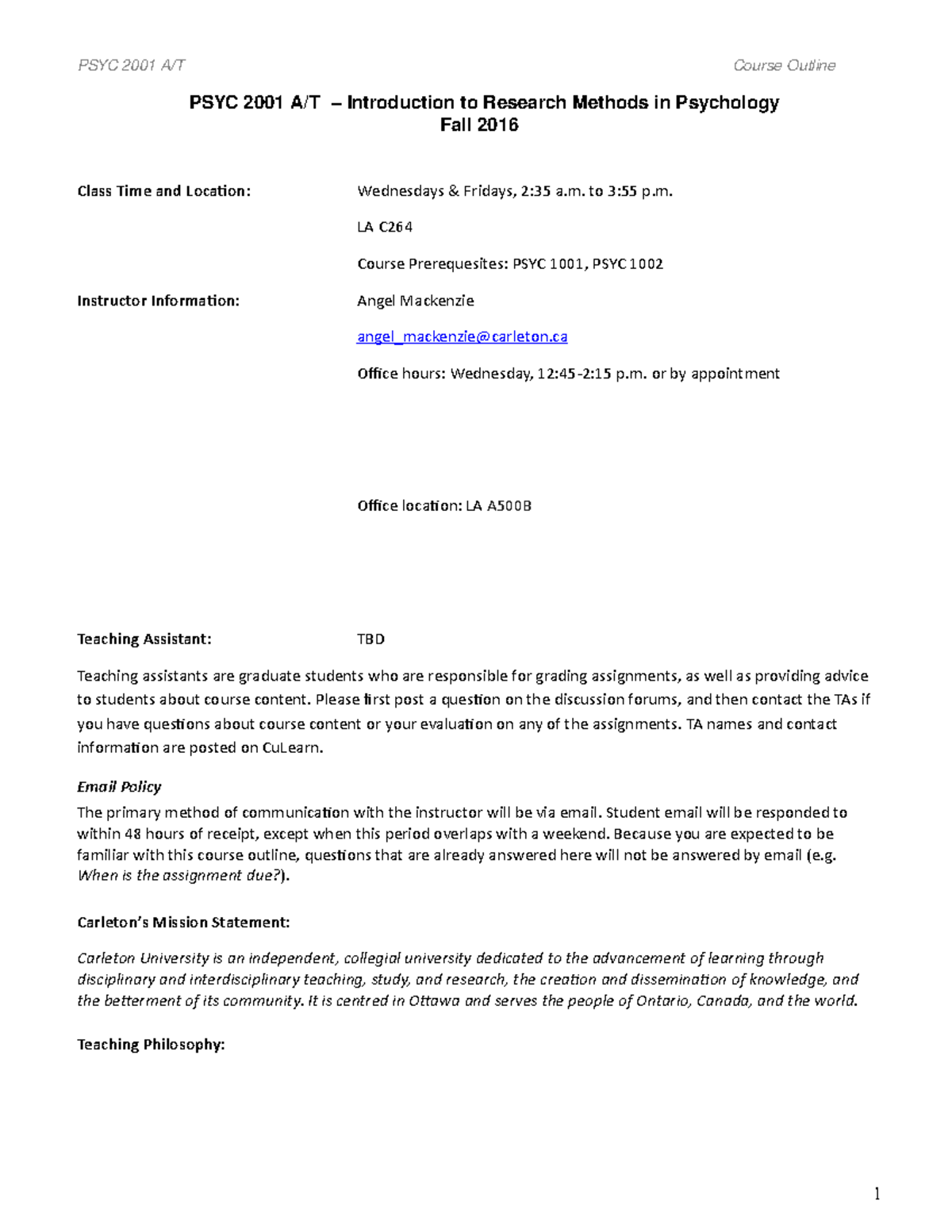 PSYC 2001 Fall 2016 Syllabus and Course Outline on Research Methods ...