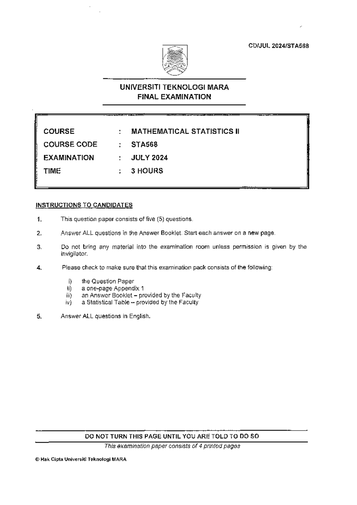 STA568 Final Exam July 2024 - Mathematical Statistics II Questions ...