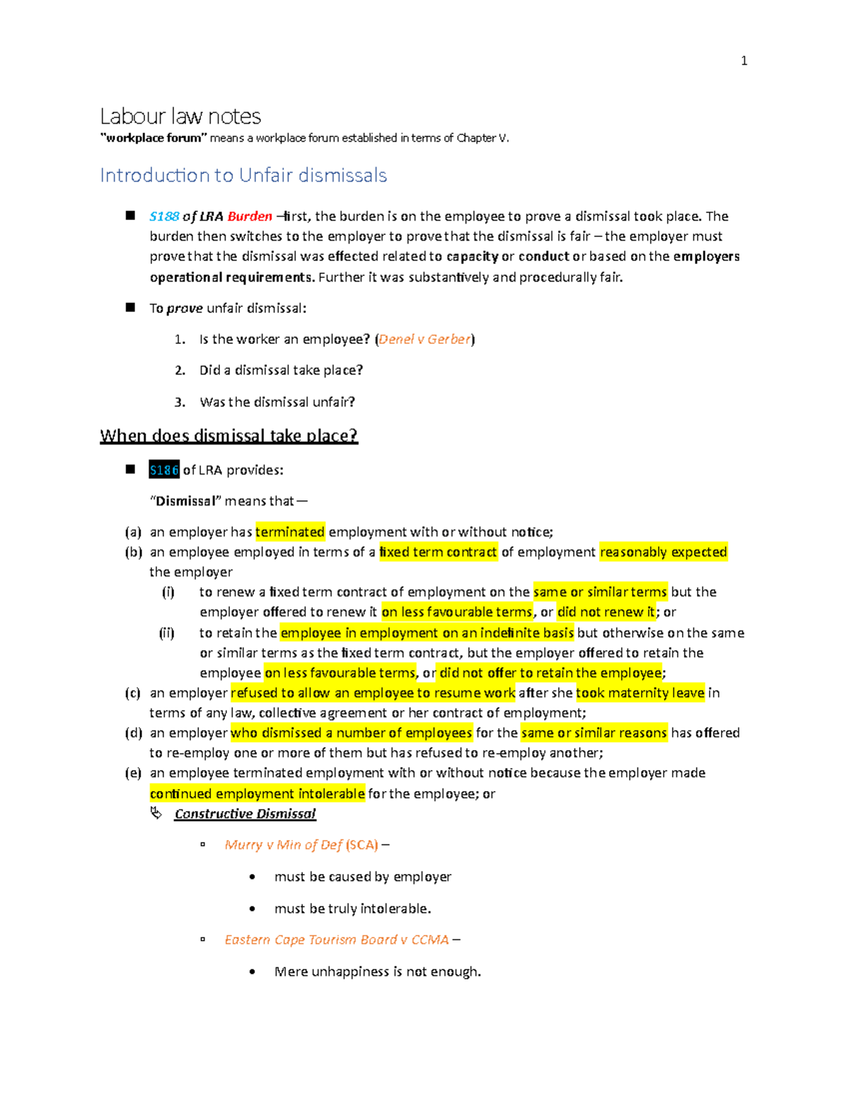 Labour Law 2nd Block Notes: Unfair Dismissal Insights - Studocu