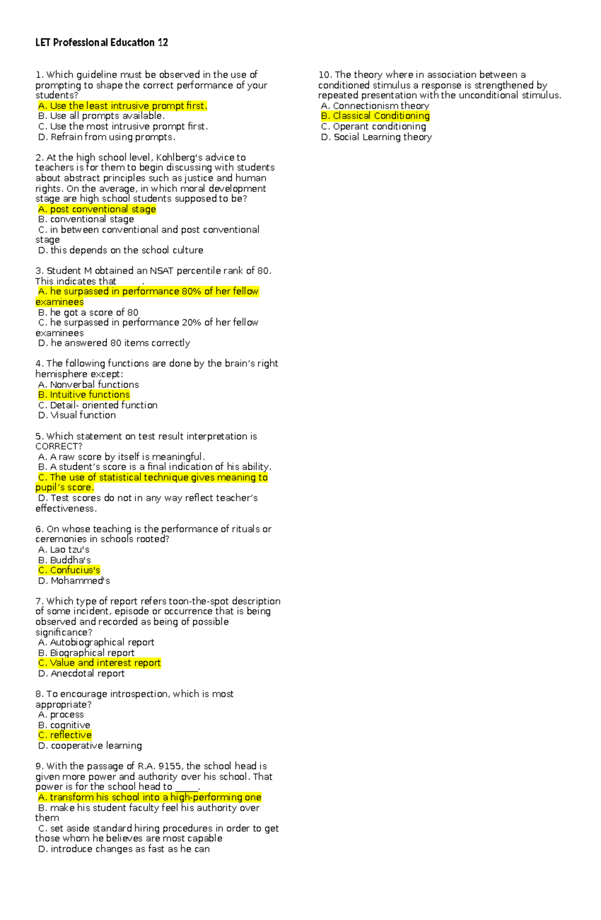 LET Professional Education 12 - Sample Questions and Guidelines - Studocu