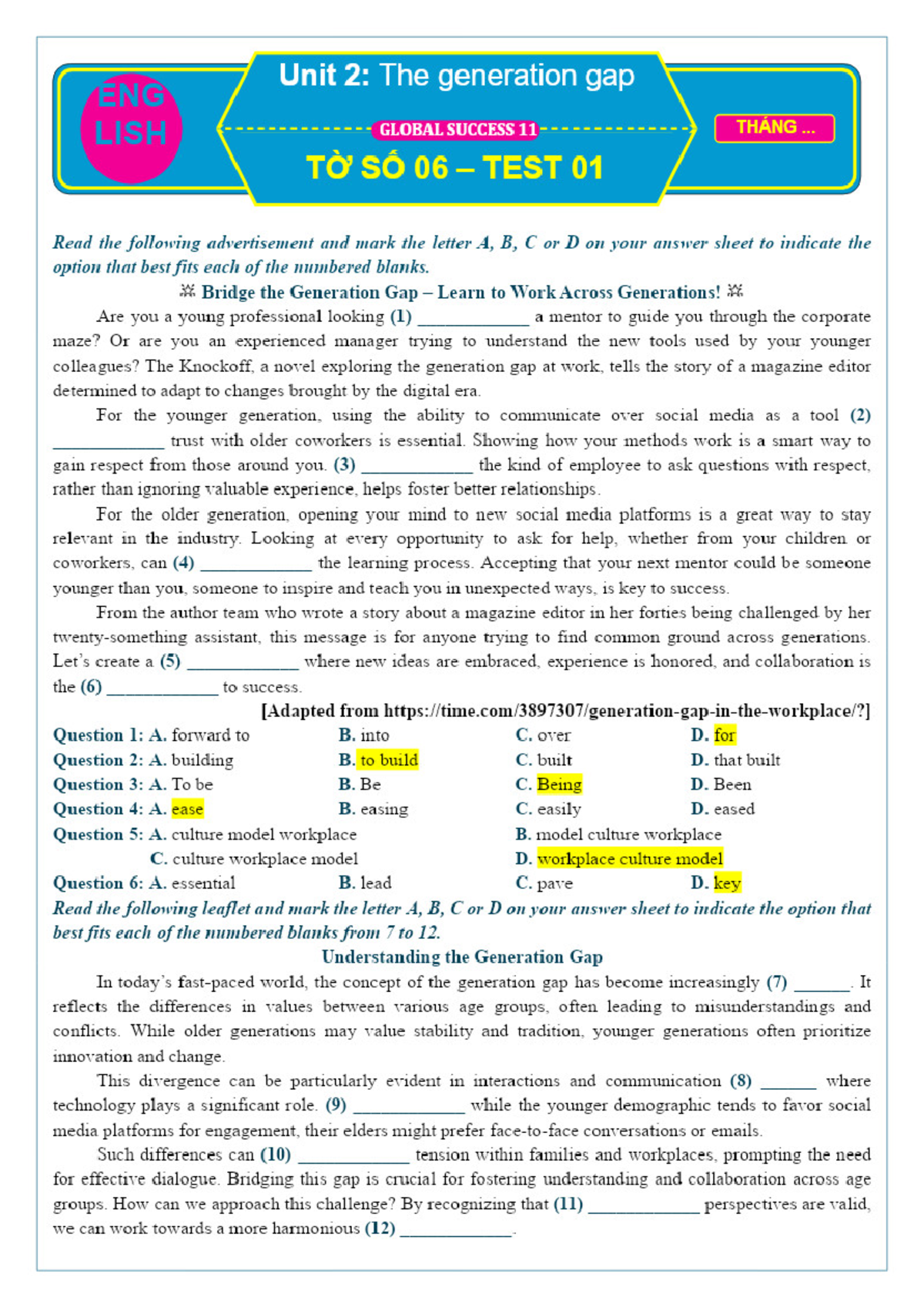 Unit 2: The Generation Gap - GLOBALSUCCESS 11 Test 01 - Studocu