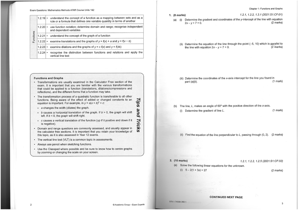 Exam Questions: Mathematics Methods ATAR Course Units Chapter 1 ...