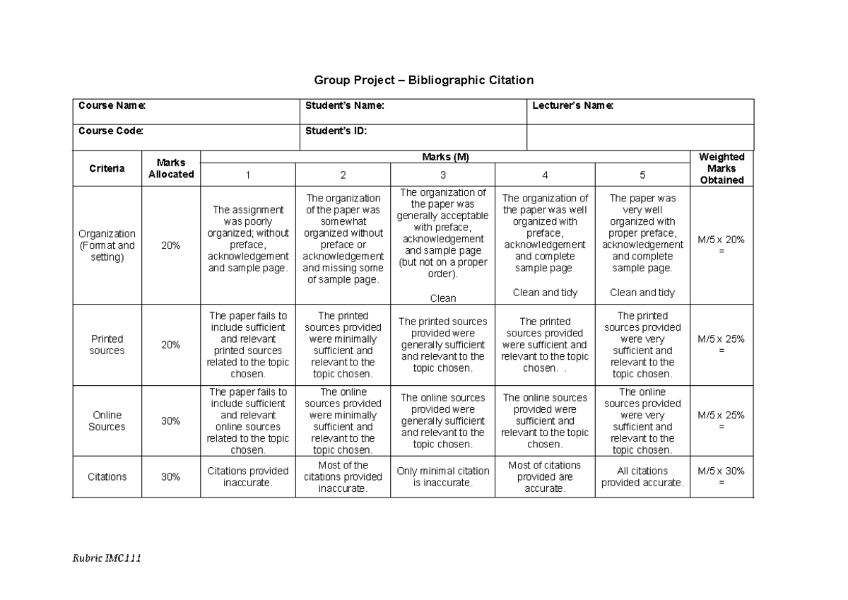Assignment Rubric ( Group) IMC 111 - Group Project – Bibliographic ...