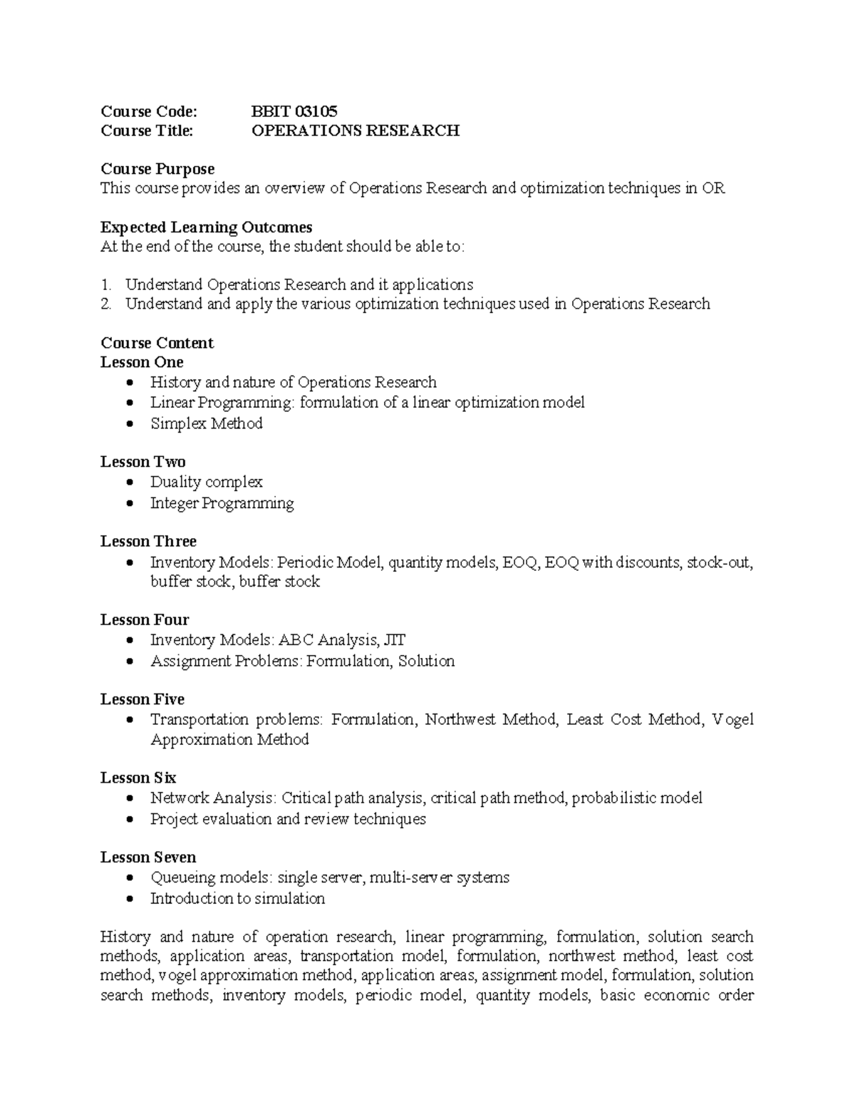 BBIT 03105 - Operations Research Course Outline and Key Concepts - Studocu