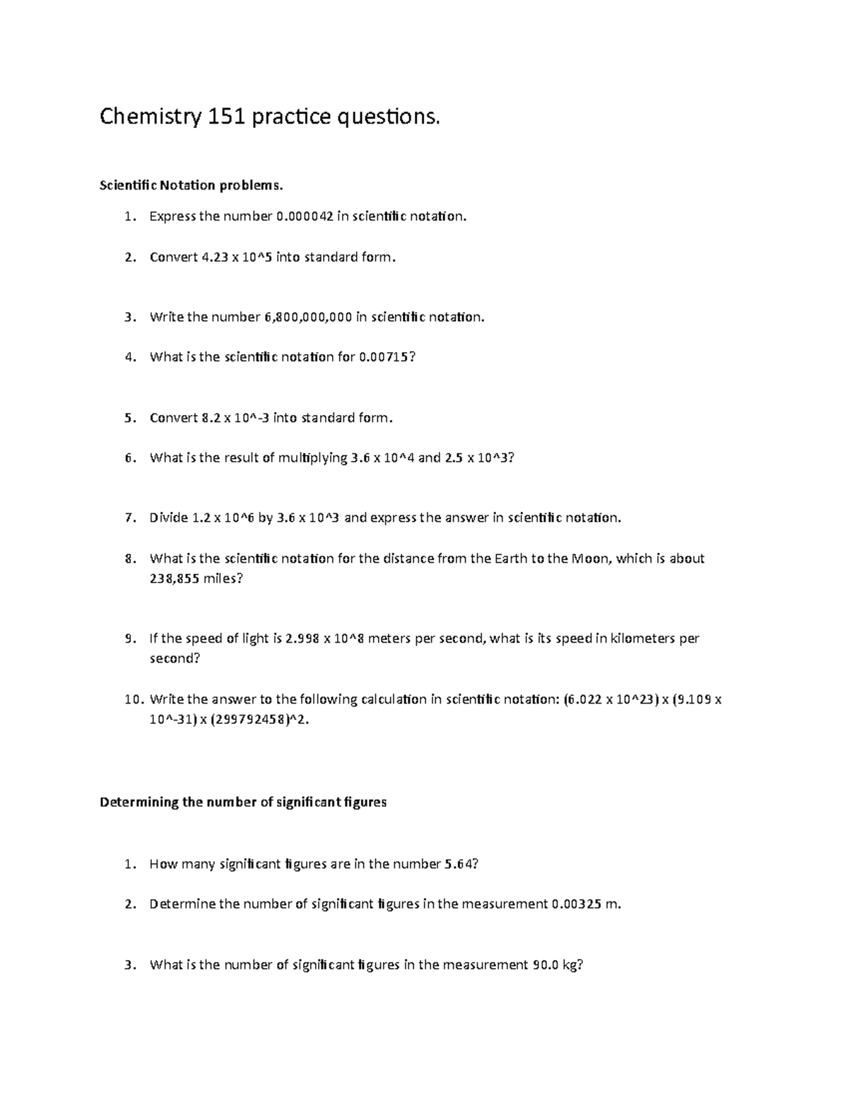 Chemistry 151: Practice Questions on Scientific Notation & Sig Figs ...