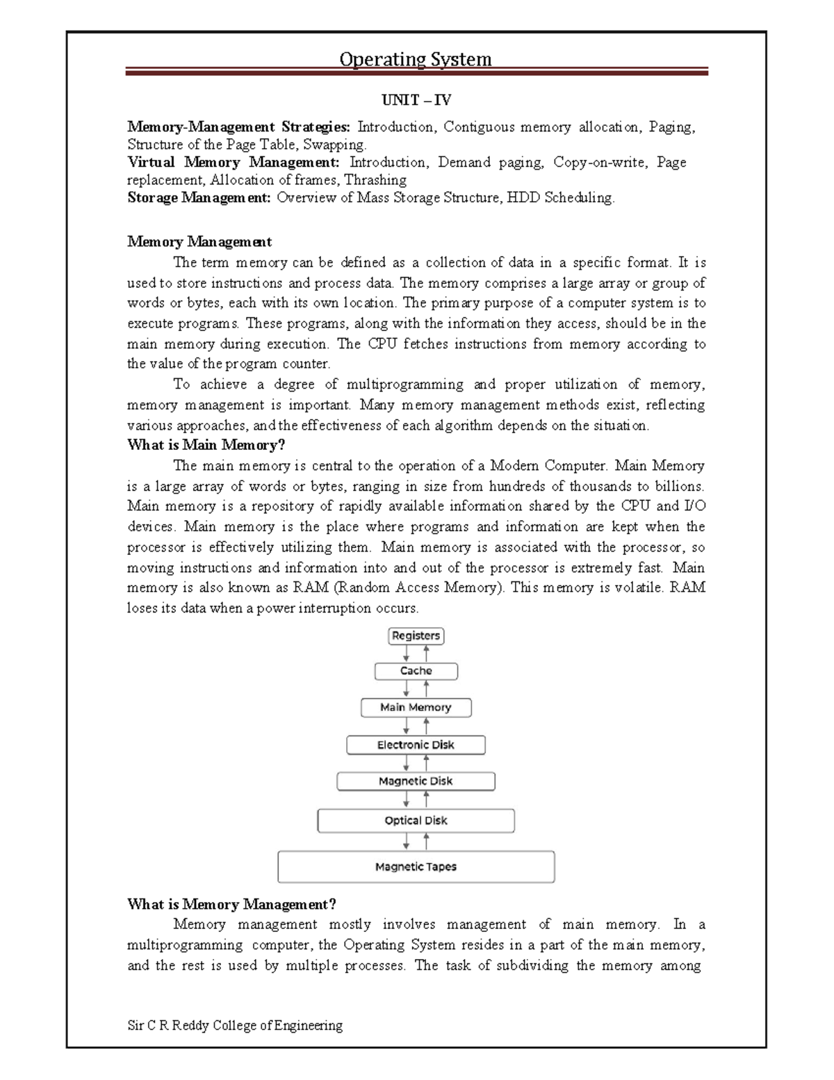 Operating System (OS) Unit IV: Memory Management Strategies and ...