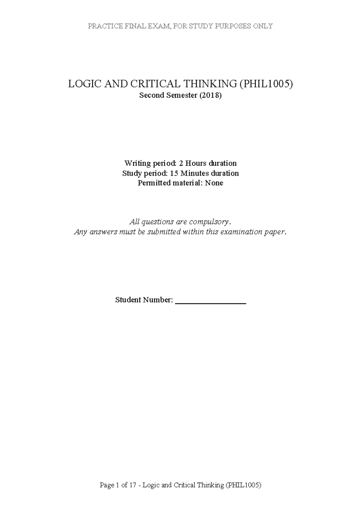 PHIL1005 Practice Final Exam: Logic and Critical Thinking Guide - Studocu