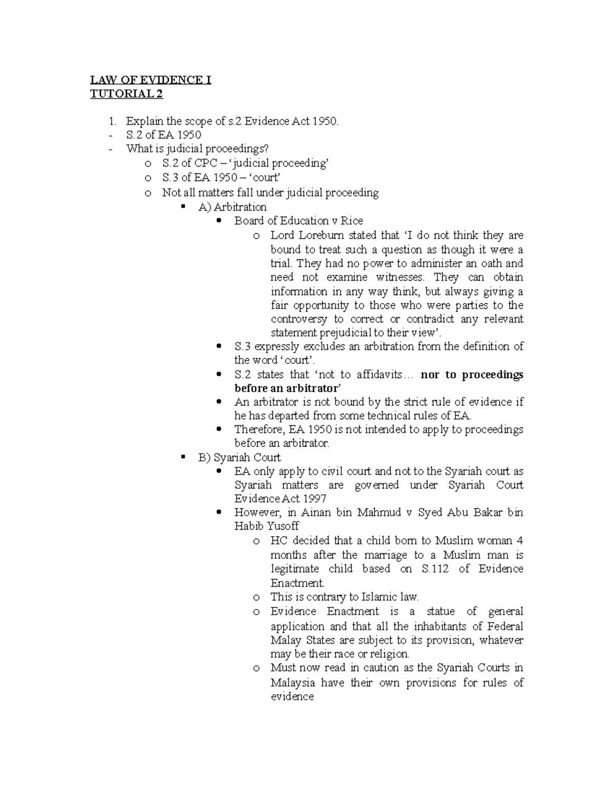 341411 Law of Evidence I - Tutorial 2 Questions and Answers - Studocu