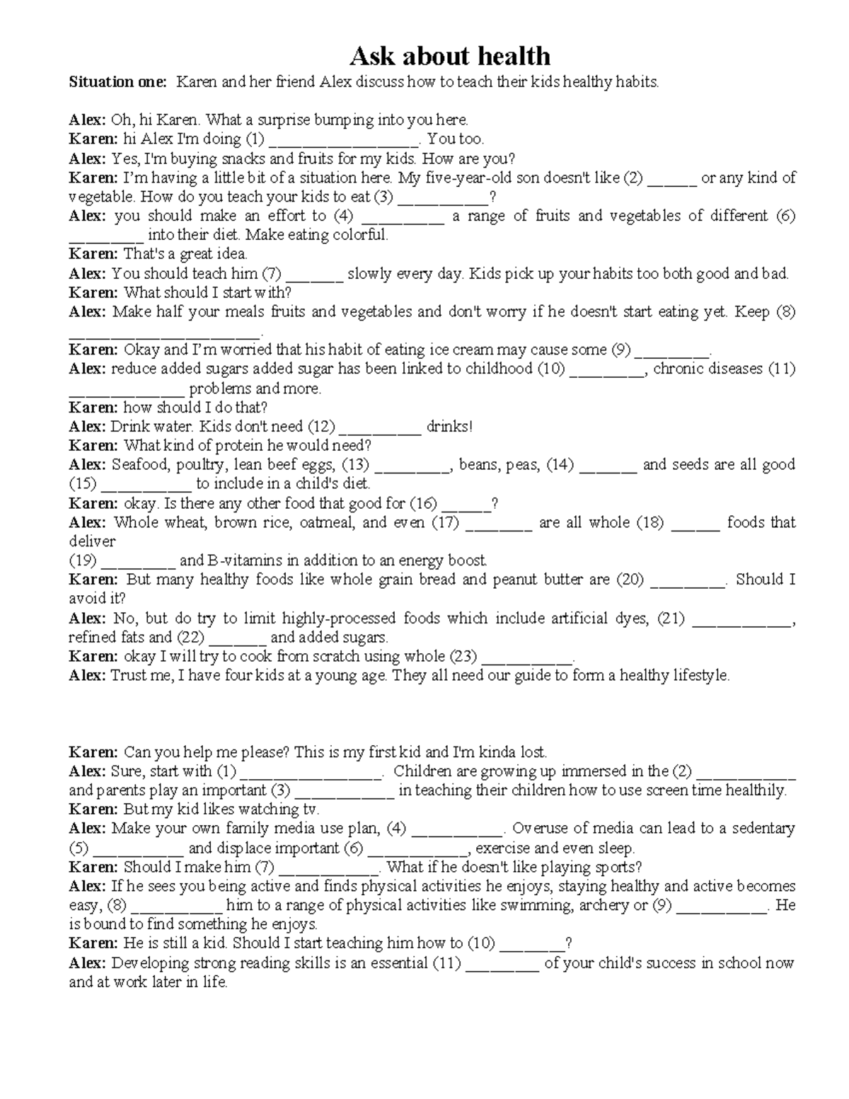 Health Discussion: Teaching Kids Healthy Habits - Fill in the Blank ...
