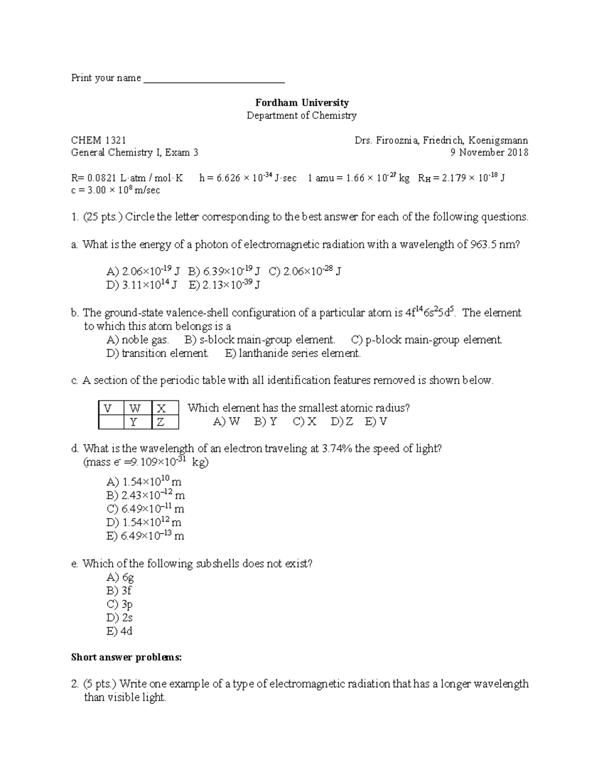 Gen Chem I CHEM 1321 Exam 3 Practice Questions and Solutions - Studocu