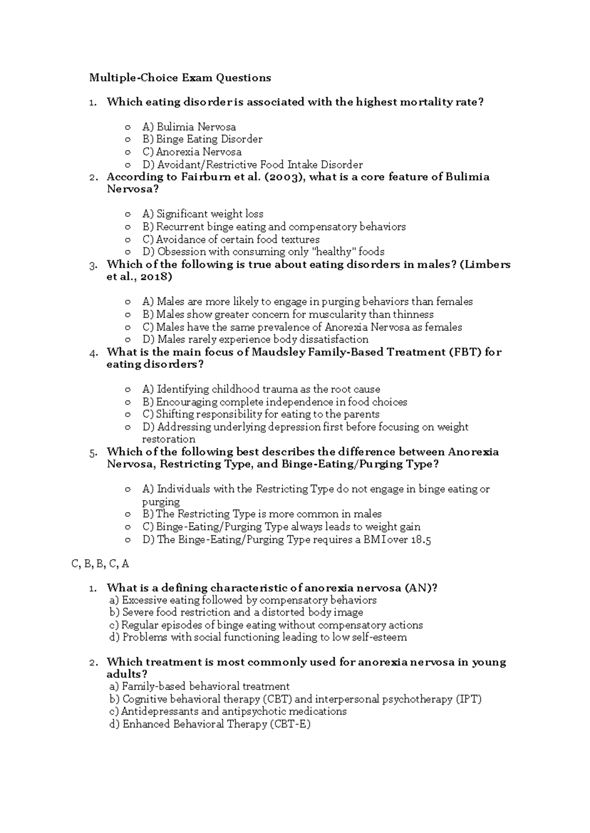 Week 1 - Eating Disorders Exam Questions and Case Studies (ED 101 ...