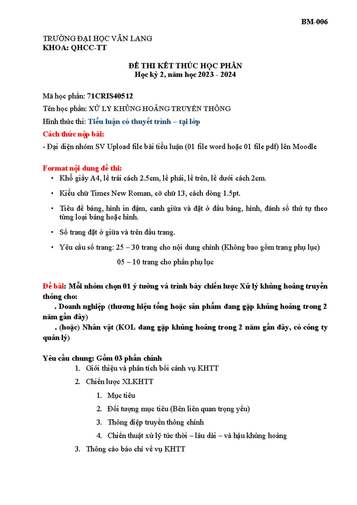 ĐỀ THI CUỐI KỲ - XỬ LÝ KHỦNG HOẢNG TRUYỀN THÔNG - 71CRIS - Studocu