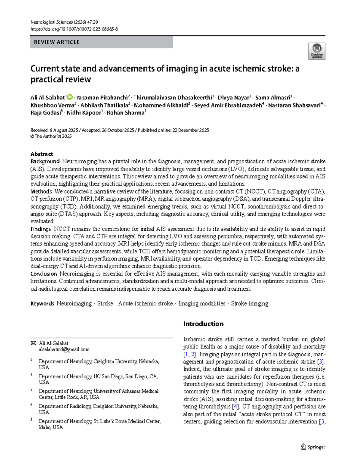 Current Advances in Neuroimaging for Acute Ischemic Stroke (2026) - Studocu