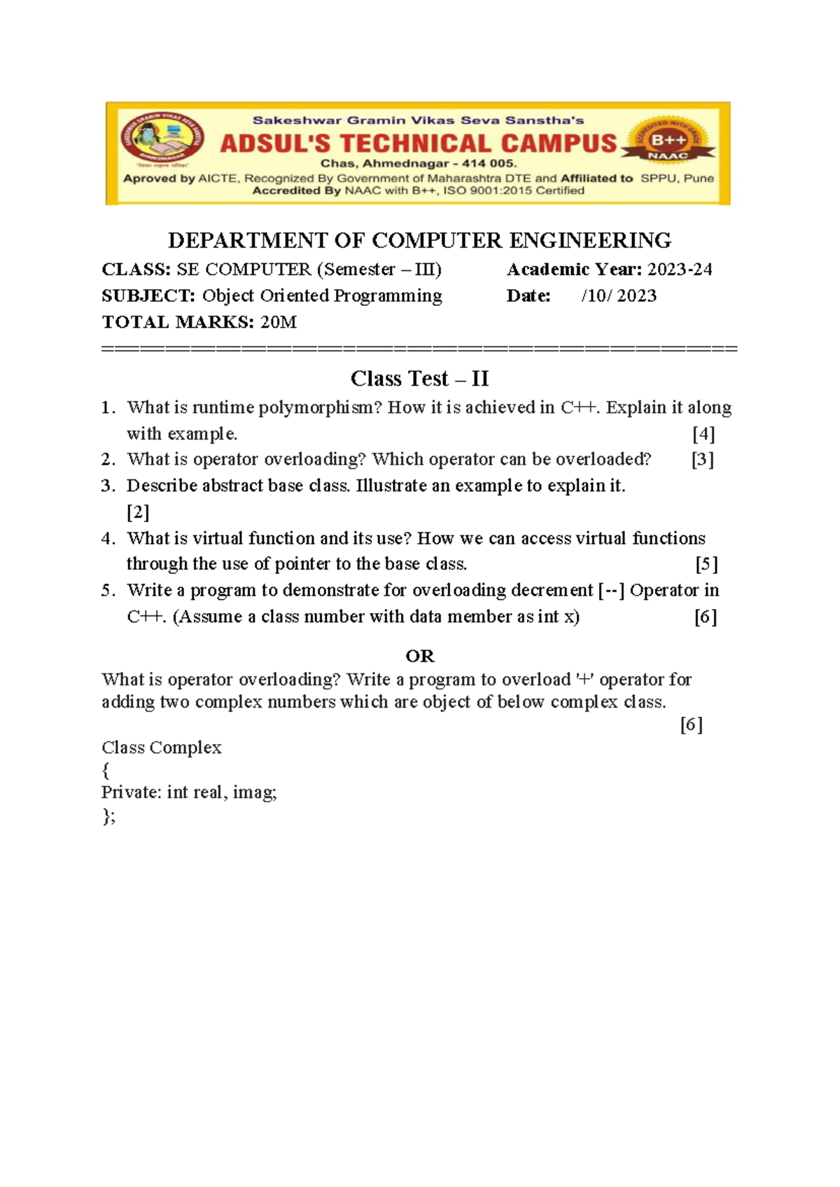 Class test - 2 OOP by JRM (23-24) - DEPARTMENT OF COMPUTER ENGINEERING ...